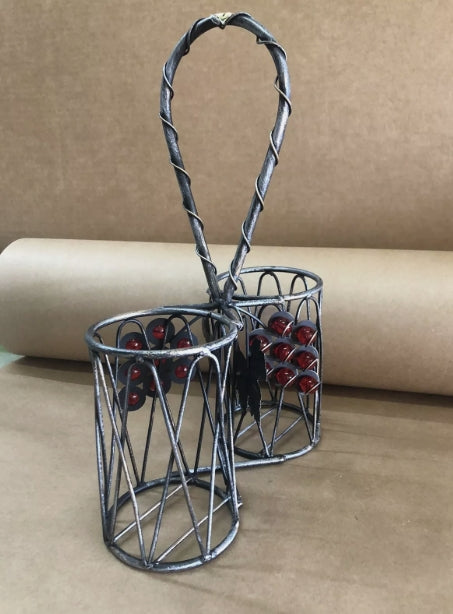 Vintage Wired Metal Grapewine Double Wine Bottle Holder Carrier Handle